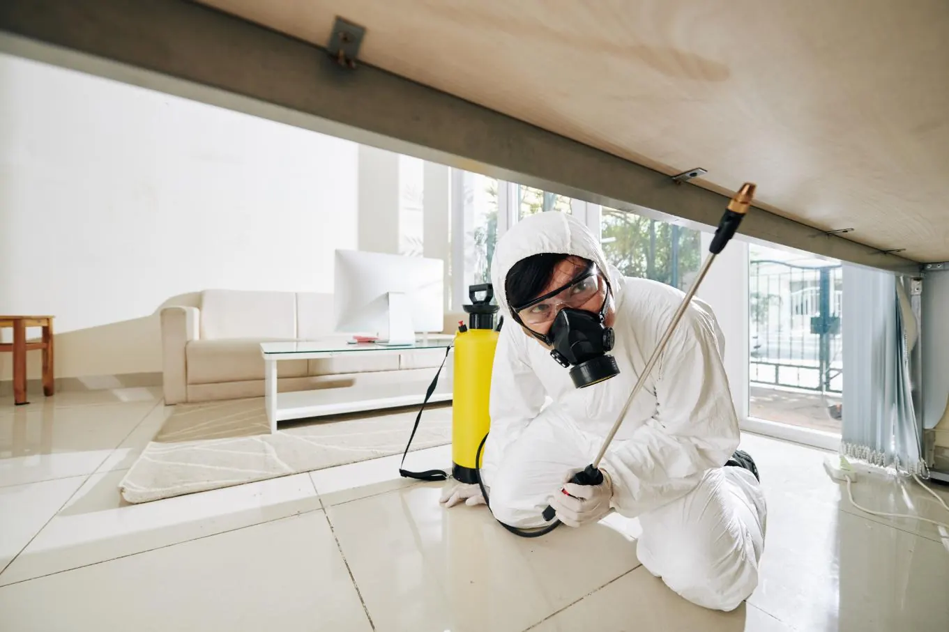 Pest control worker treating a hard-to-reach property surface
